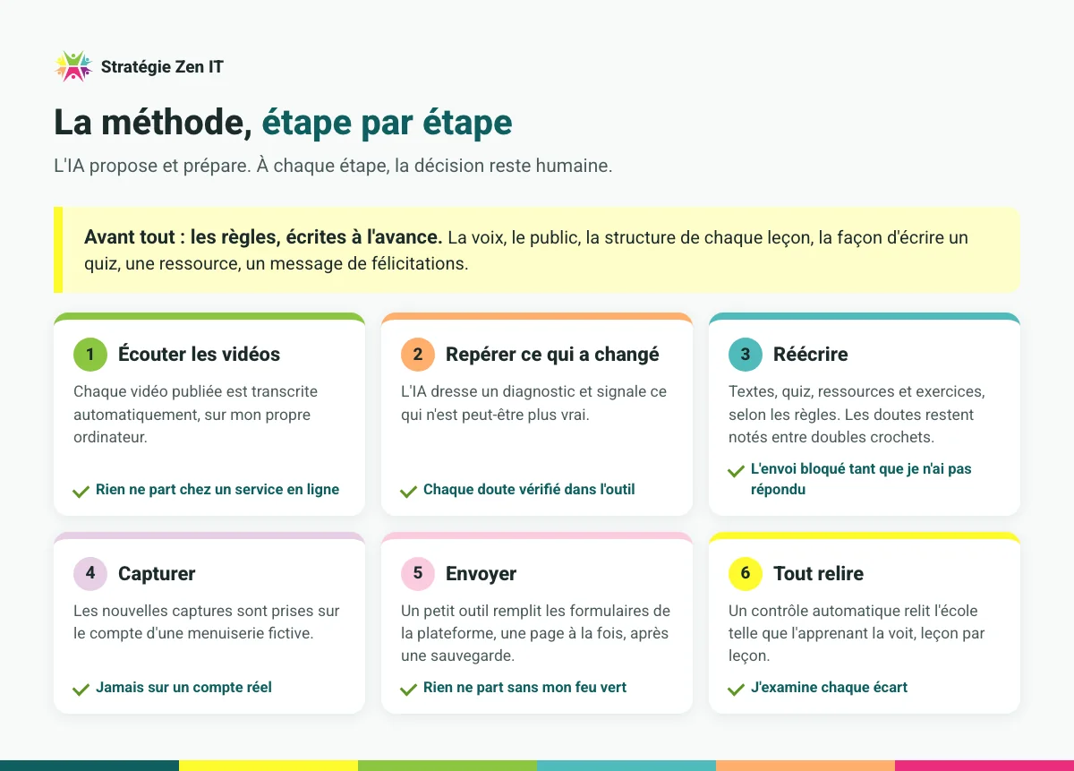 Schéma de la méthode : d'abord les règles écrites à l'avance, puis six étapes (écouter les vidéos, repérer ce qui a changé, réécrire, capturer, envoyer, tout relire), chacune avec ce qui reste une décision humaine.