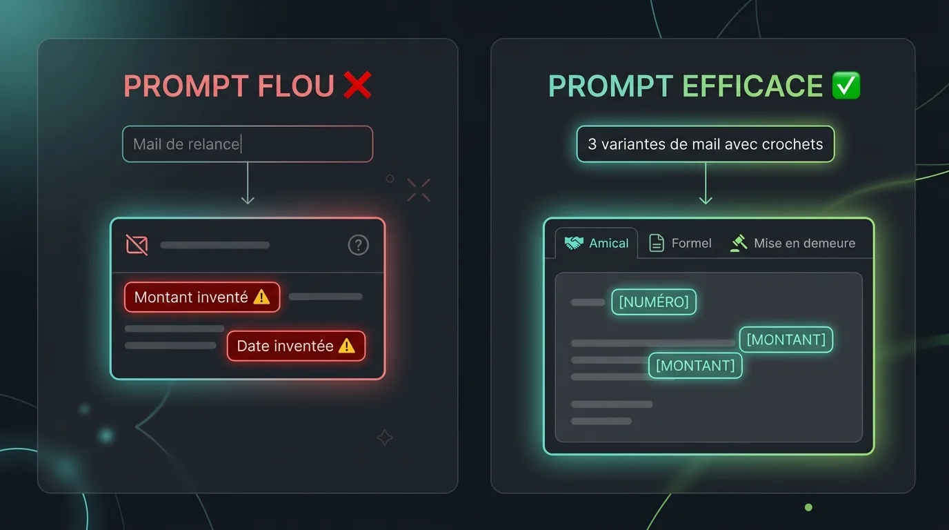 Comparaison visuelle dans Gemini entre un mail de relance sans contraintes et avec contraintes explicites, montrant les champs à compléter entre crochets