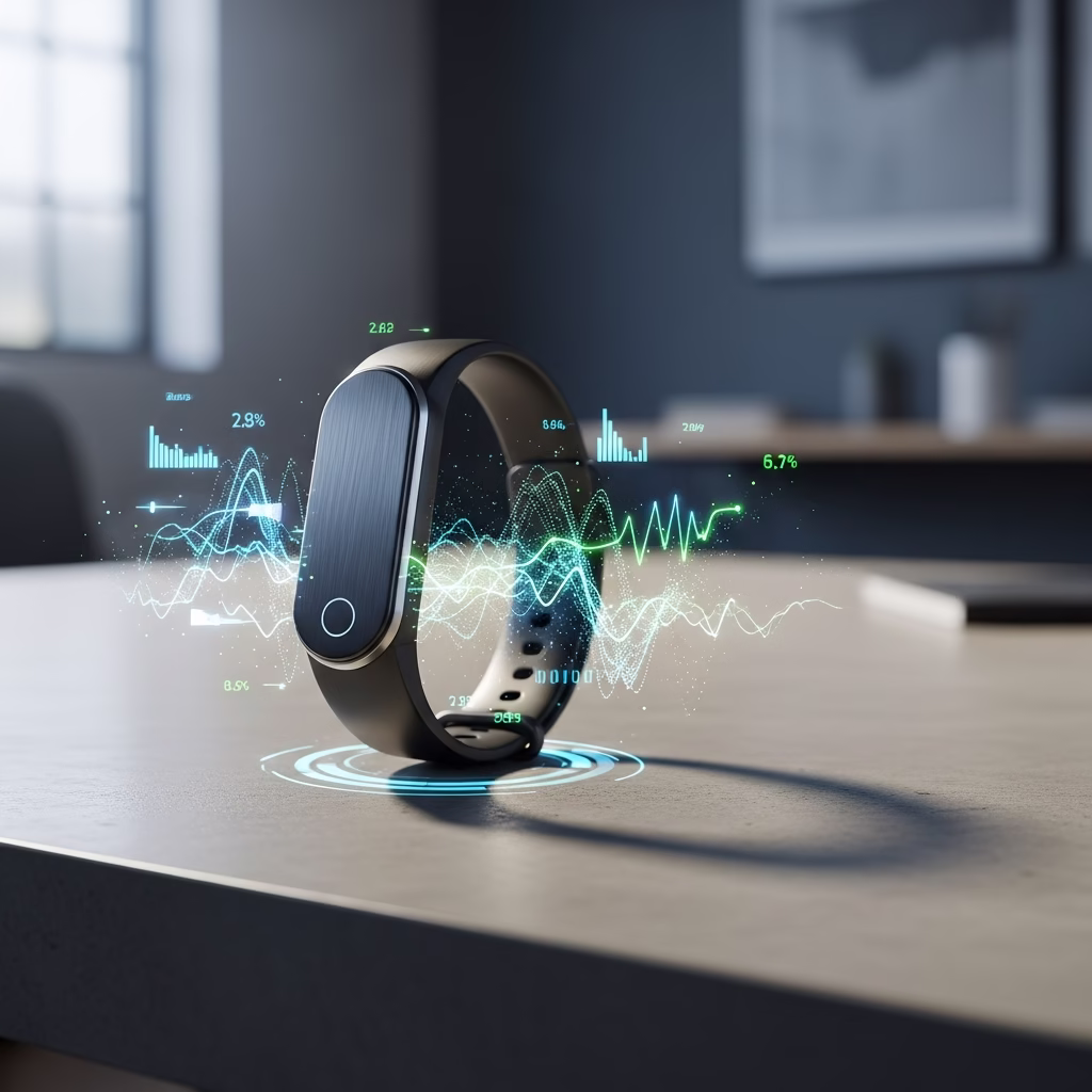 Nouveau bracelet connect&eacute; Fitbit Air sans &eacute;cran pos&eacute; sur un bureau.