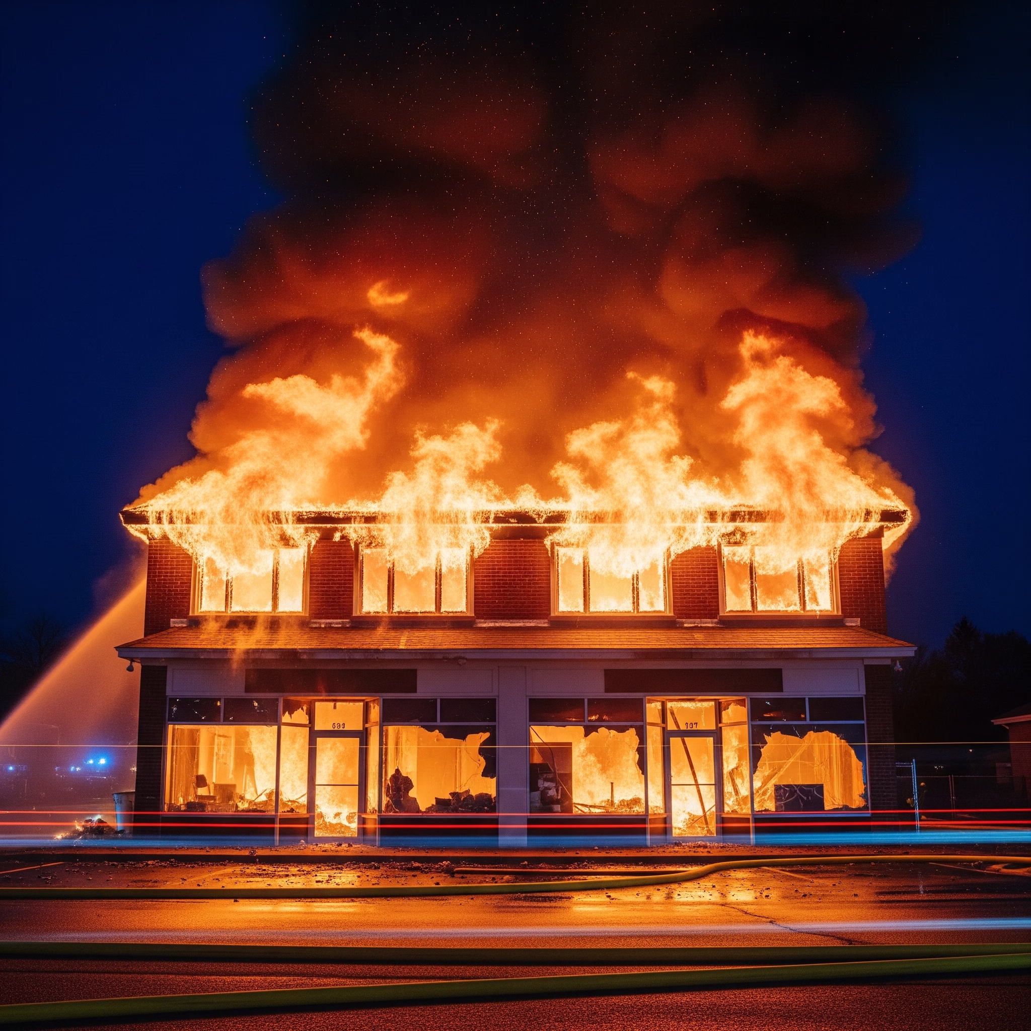 image photorealiste représentant une entreprise en train de bruler, de nuit.