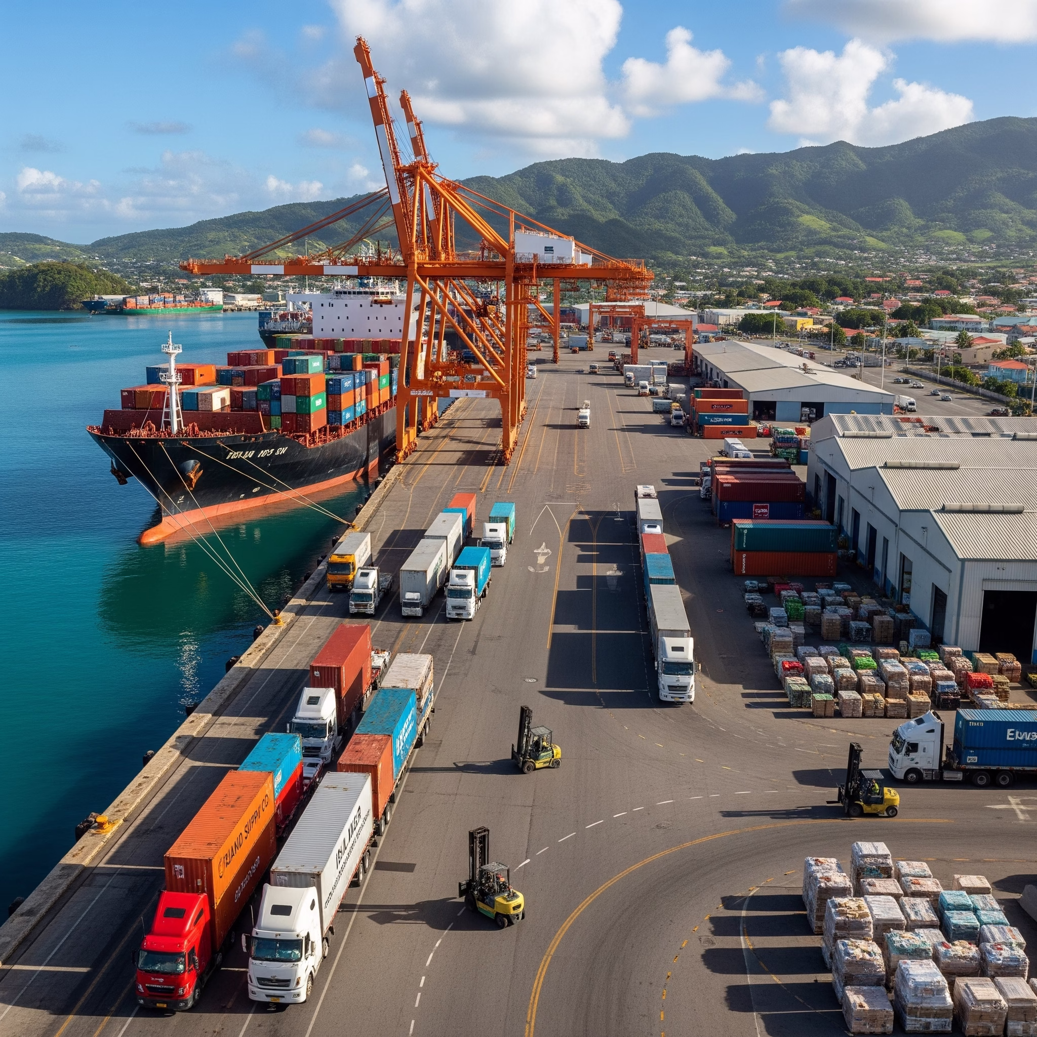 image représantant une chaine logistique insulaire, une zone portuaire. style photorealiste
