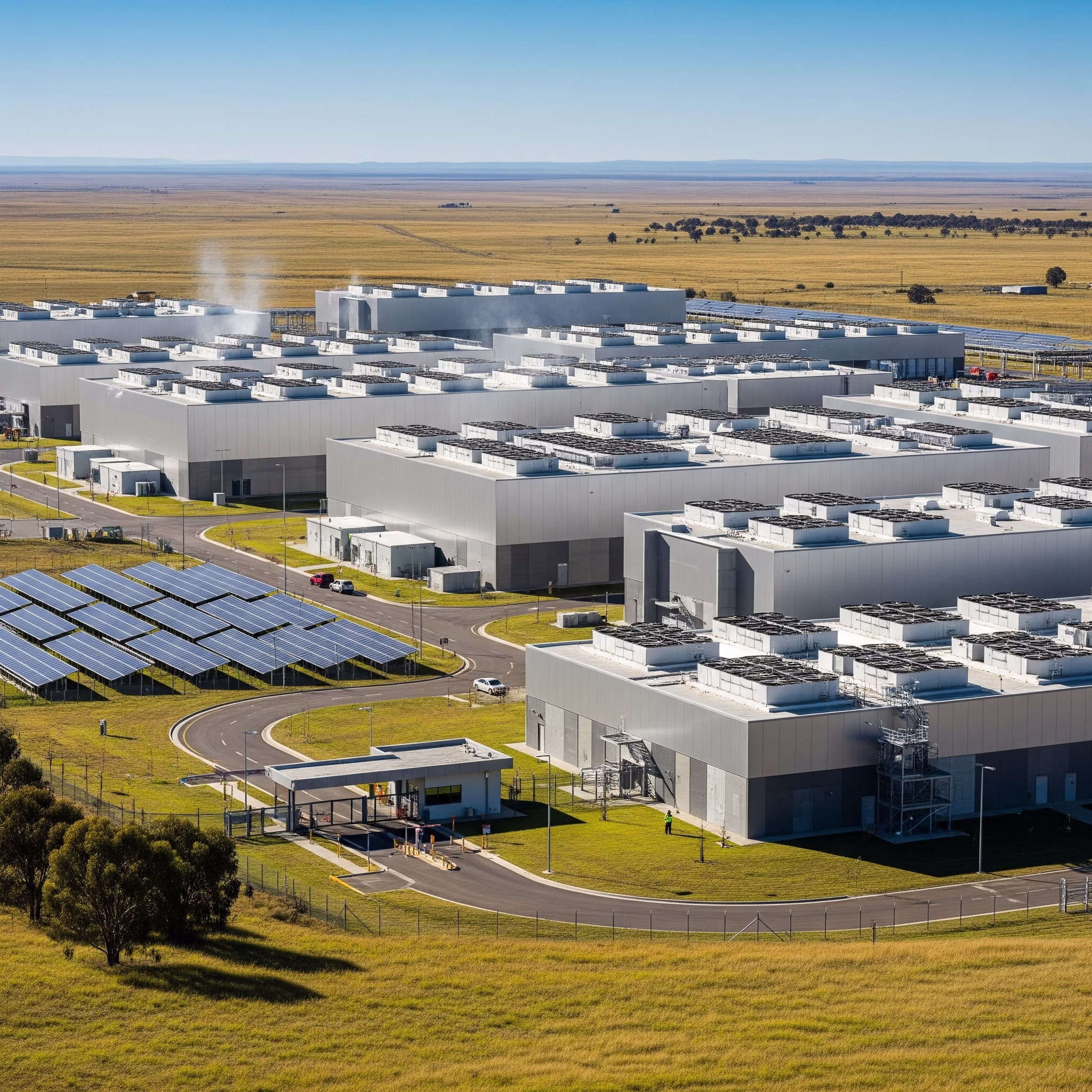 un datacenter dans une plaine , journée ensoleillée, style photorealiste