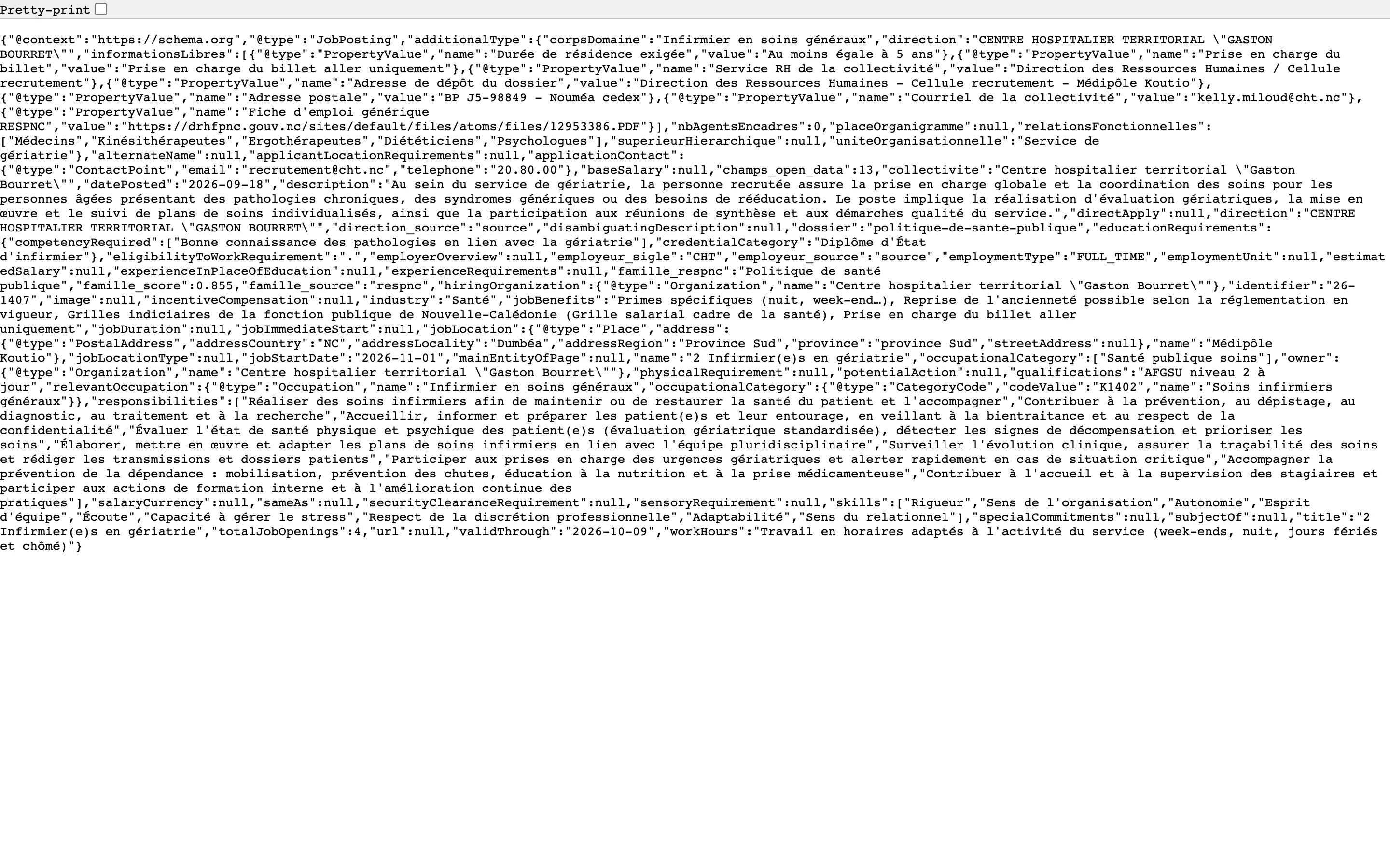 Le fichier index.json d'une fiche avps.nc affiché en texte brut : les champs Schema.org JobPosting (titre, employeur, lieu, dates, description) tels que les moteurs de recherche les lisent.