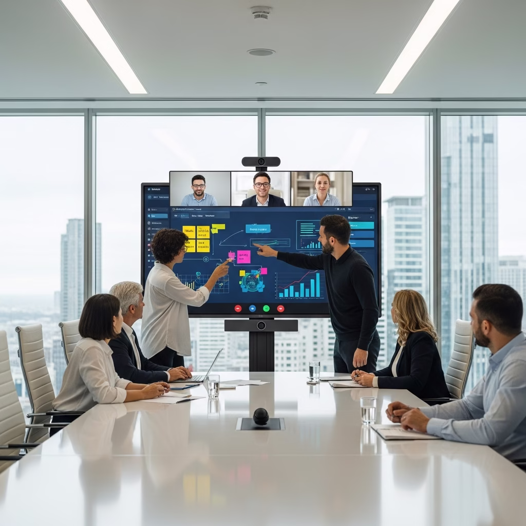 &Eacute;cran tactile interactif dans une salle de r&eacute;union moderne avec visioconf&eacute;rence Google Meet.