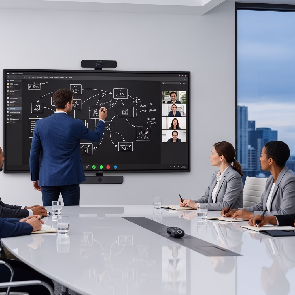 Professionnels utilisant un &eacute;cran tactile interactif pour une r&eacute;union Google Meet avec tableau blanc.