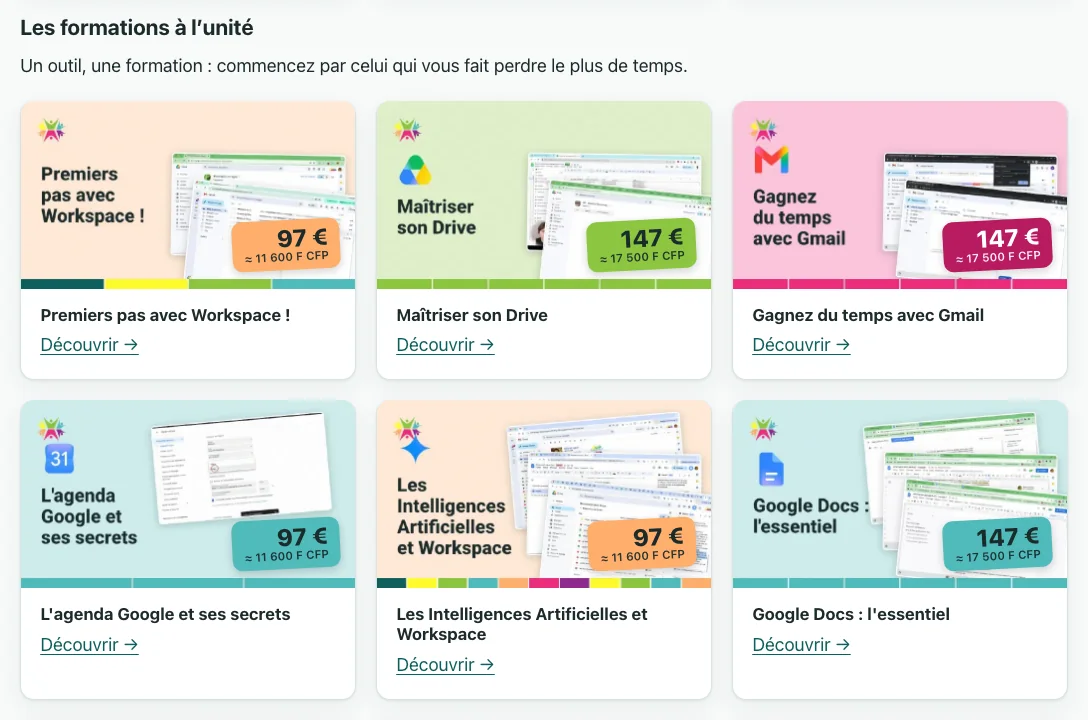 La page du catalogue sur strategiezenit.com : les cartes des formations à l'unité (Premiers pas, Drive, Gmail, Agenda, IA, Docs), chacune avec son prix en euros et en F CFP.