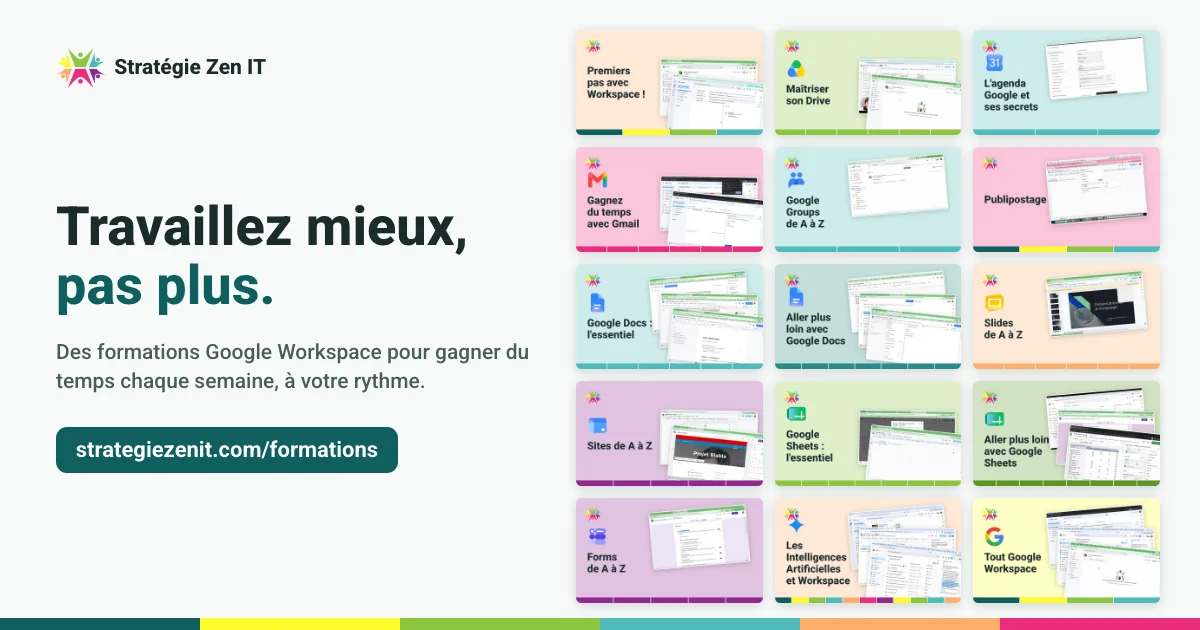 Mosaïque des cartes des quatorze formations et du pack Tout Google Workspace, à côté du titre « Travaillez mieux, pas plus. ».