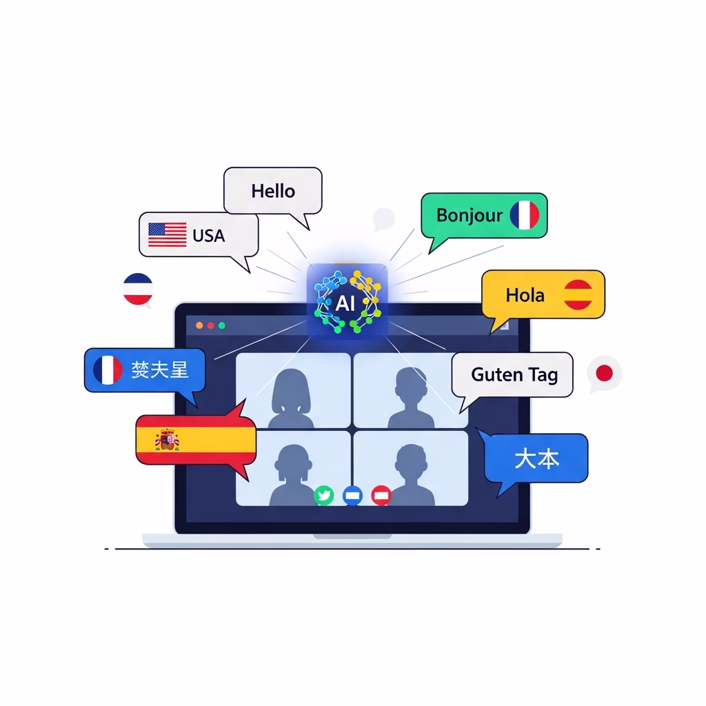Interface Google Meet d&eacute;tectant automatiquement les langues parl&eacute;es en r&eacute;union