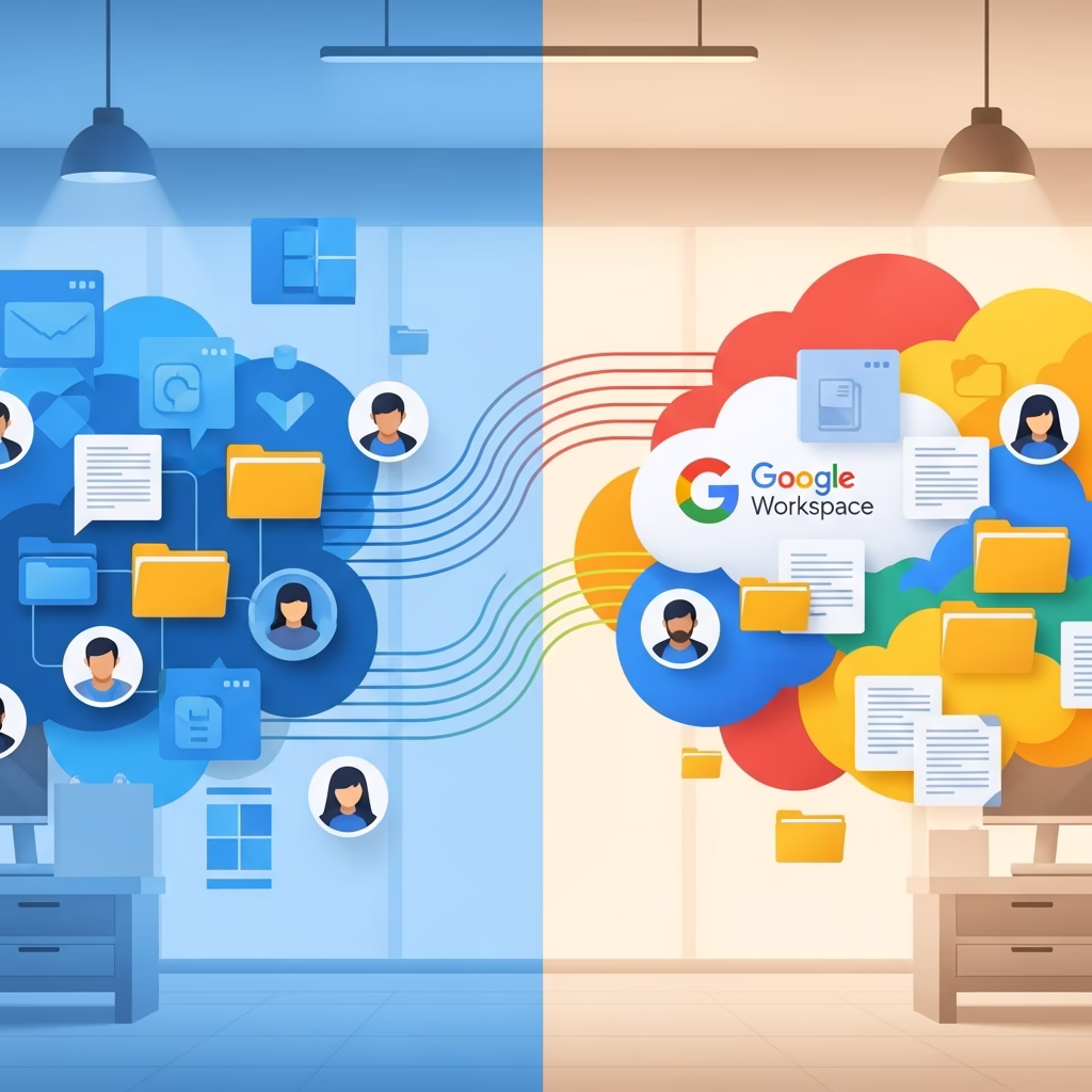 Illustration de la migration des utilisateurs de Microsoft vers le cloud Google Workspace.