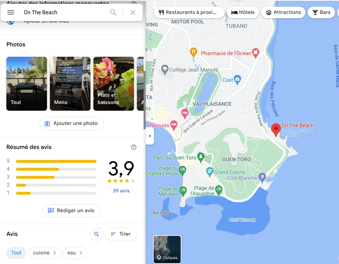 carte localisation et menu de restaurant