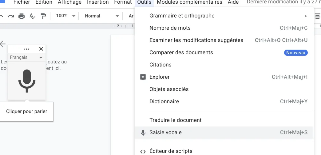 menu google docs outil dictée vocale micro