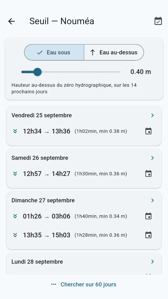 Écran de recherche de seuil : une hauteur choisie, et la liste des créneaux où l'eau passe dessous, jour par jour.