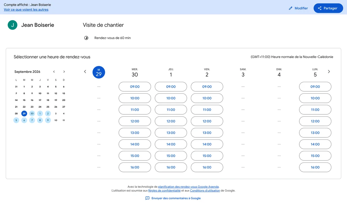 Page de réservation d'un planning de rendez-vous Google Agenda sur le compte de démonstration Menuiserie Démo : « Visite de chantier », rendez-vous de 60 minutes, créneaux de 9 h à 16 h à choisir dans la semaine.