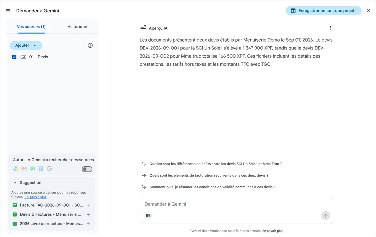 Le panneau « Demander à Gemini » dans Google Drive, avec un dossier de devis pour source : Gemini résume les deux devis de la menuiserie et propose des questions de suite.