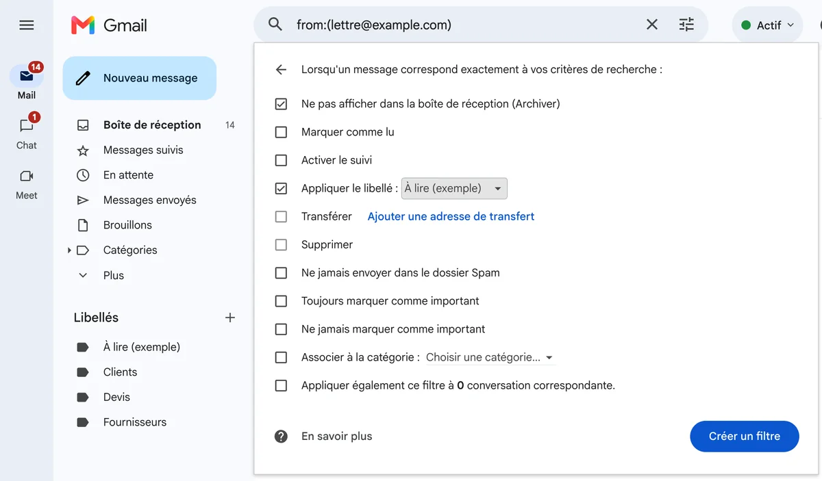 La fenêtre de création d'un filtre Gmail : les messages d'un expéditeur sont archivés et reçoivent automatiquement le libellé « À lire (exemple) ».