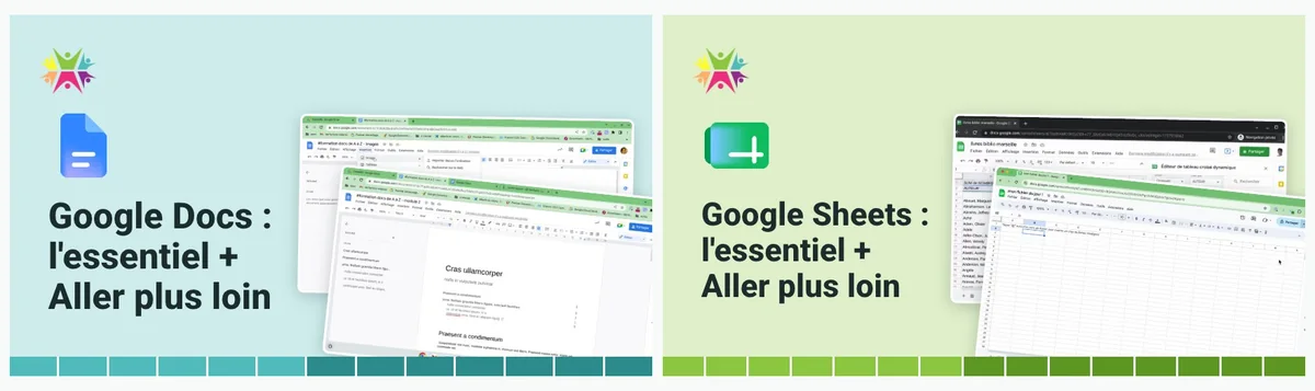 Les cartes des deux duos de formations : « Google Docs : l'essentiel + Aller plus loin » et « Google Sheets : l'essentiel + Aller plus loin ».