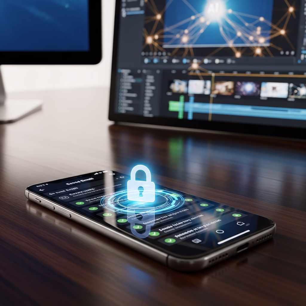 Smartphone affichant un email s&eacute;curis&eacute; avec un cadenas lumineux sur un bureau.