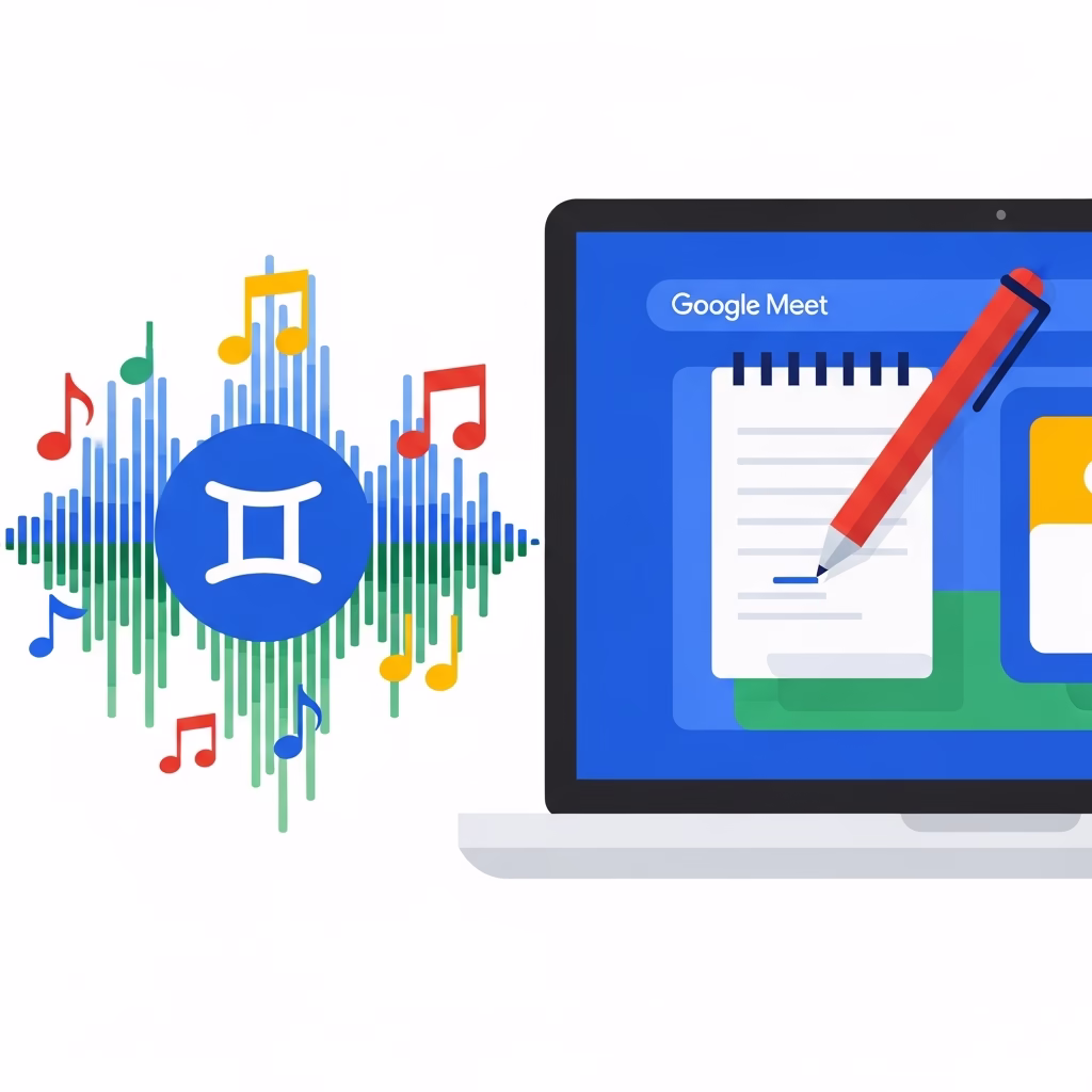 Illustration de la g&eacute;n&eacute;ration de musique Lyria et de la prise de notes automatique Google Meet.