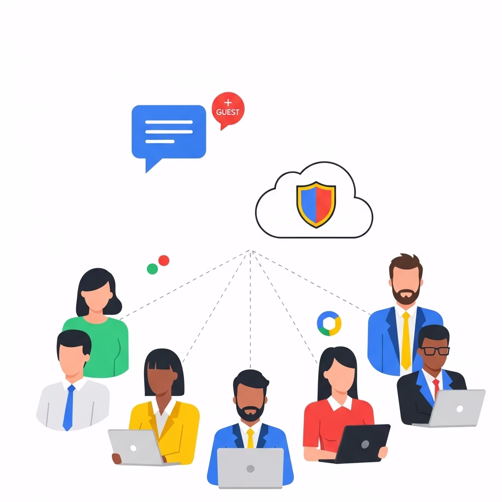 Illustration de comptes invit&eacute;s Google Chat et de la s&eacute;curit&eacute; Google Drive