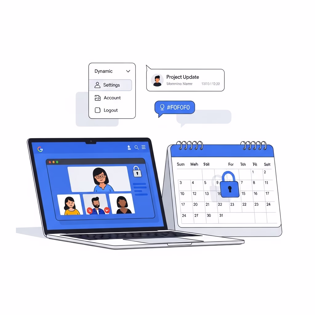 Interface illustrant la connexion s&eacute;curis&eacute;e entre Google Meet et Google Agenda.