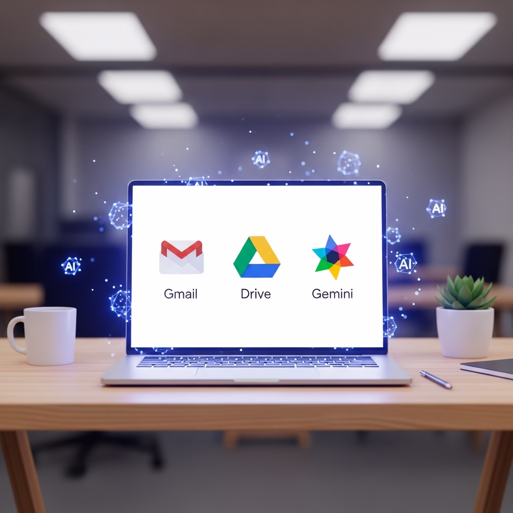 Illustration des nouvelles fonctionnalit&eacute;s de Google Workspace incluant Gmail et Google Drive.