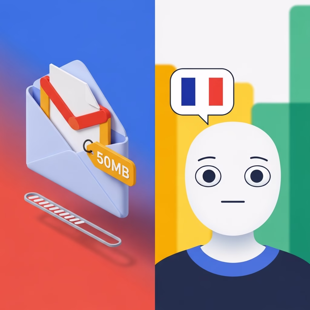 Illustration des nouveaut&eacute;s : Gmail 50 Mo et avatars Google Vids en fran&ccedil;ais
