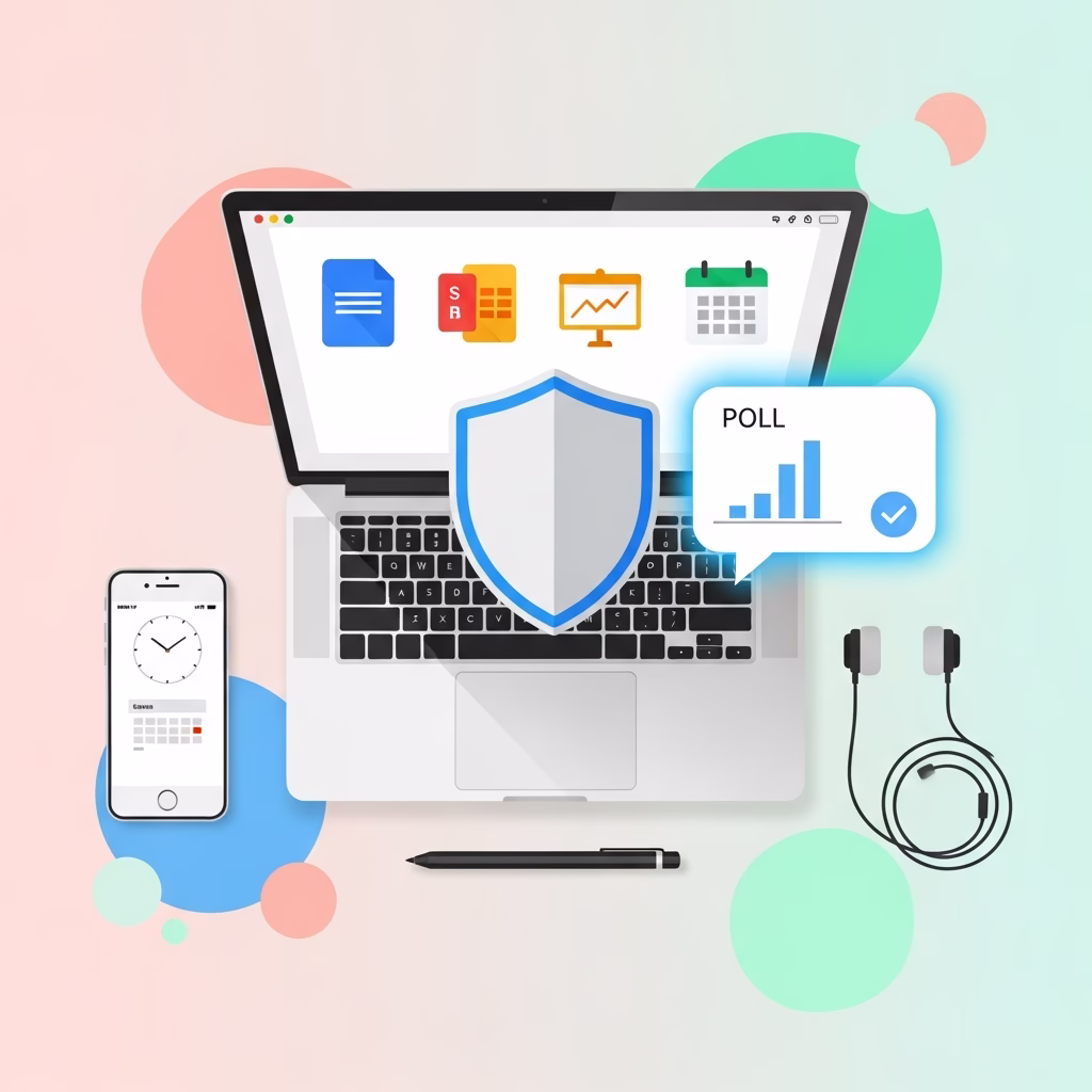 Illustration des nouveaut&eacute;s Google Workspace incluant la s&eacute;curit&eacute; et le chat