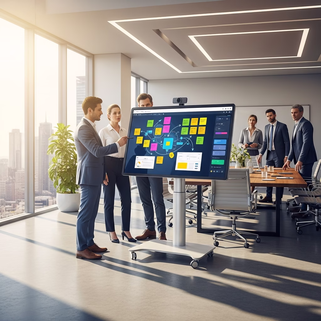 Personnes utilisant un tableau blanc interactif sur un &eacute;cran Google Meet