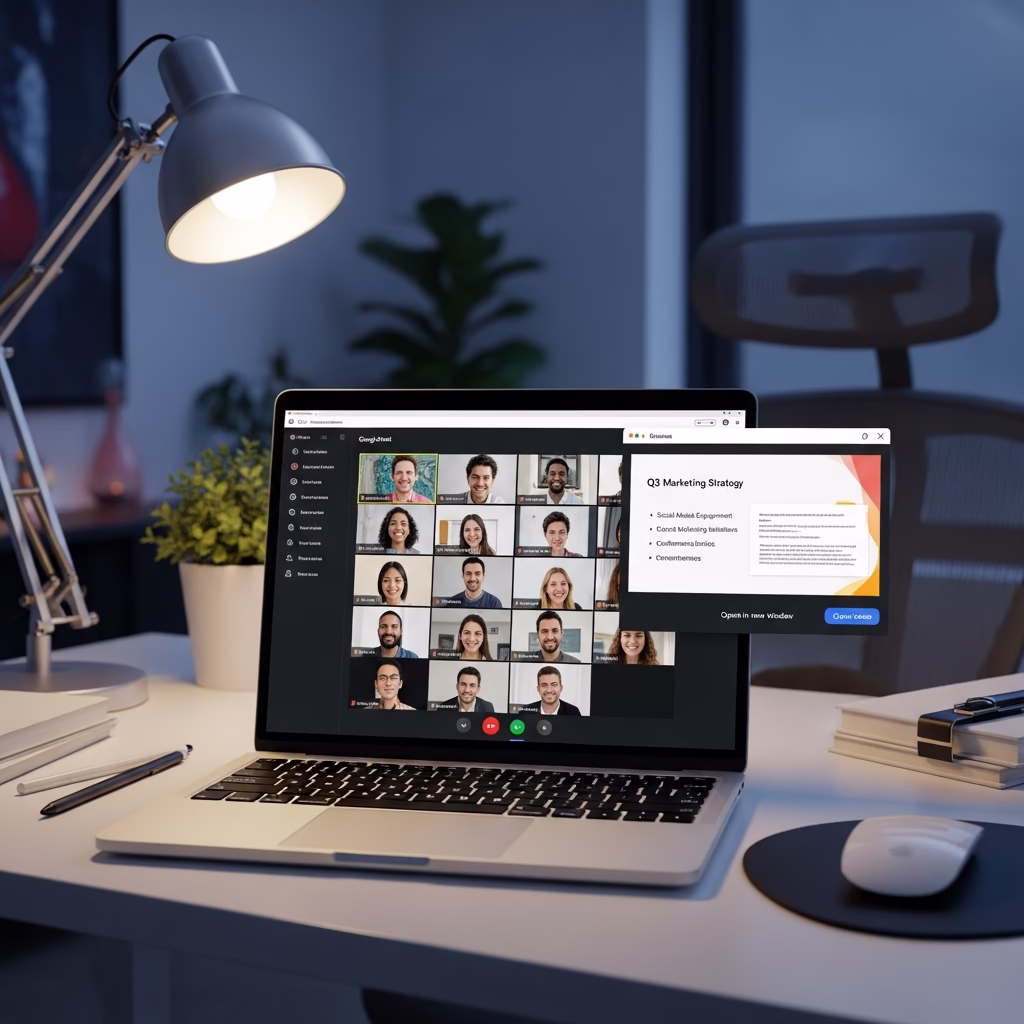 Interface Google Meet montrant une pr&eacute;sentation dans une fen&ecirc;tre d&eacute;tach&eacute;e