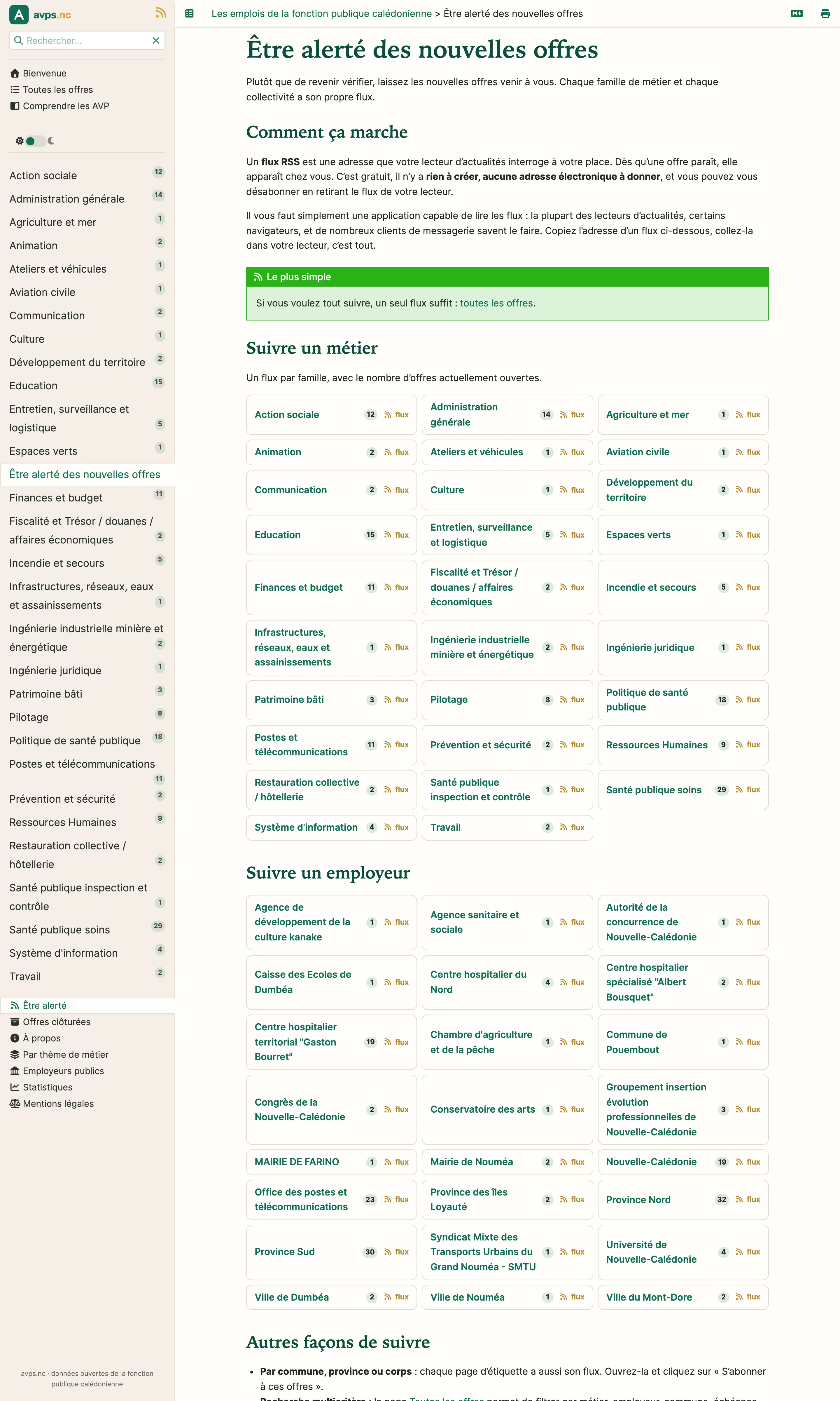 La page « Être alerté des nouvelles offres » d'avps.nc : l'explication du flux RSS, l'encart « Le plus simple » vers le flux de toutes les offres, puis la liste des familles de métiers avec leur flux et leur nombre d'offres ouvertes.