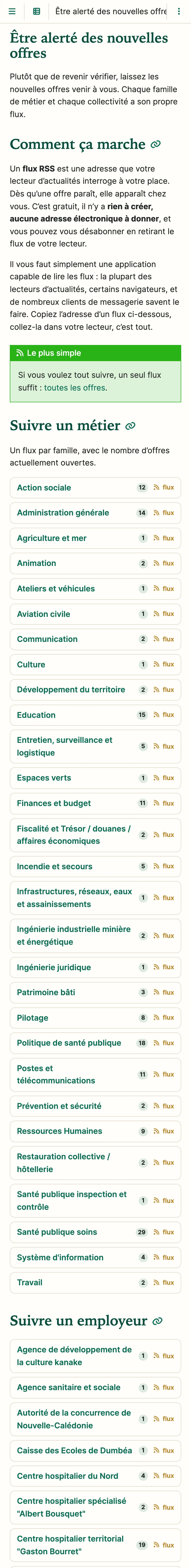 La page « Être alerté » d'avps.nc affichée sur un téléphone, avec la liste des familles de métiers et leurs flux.