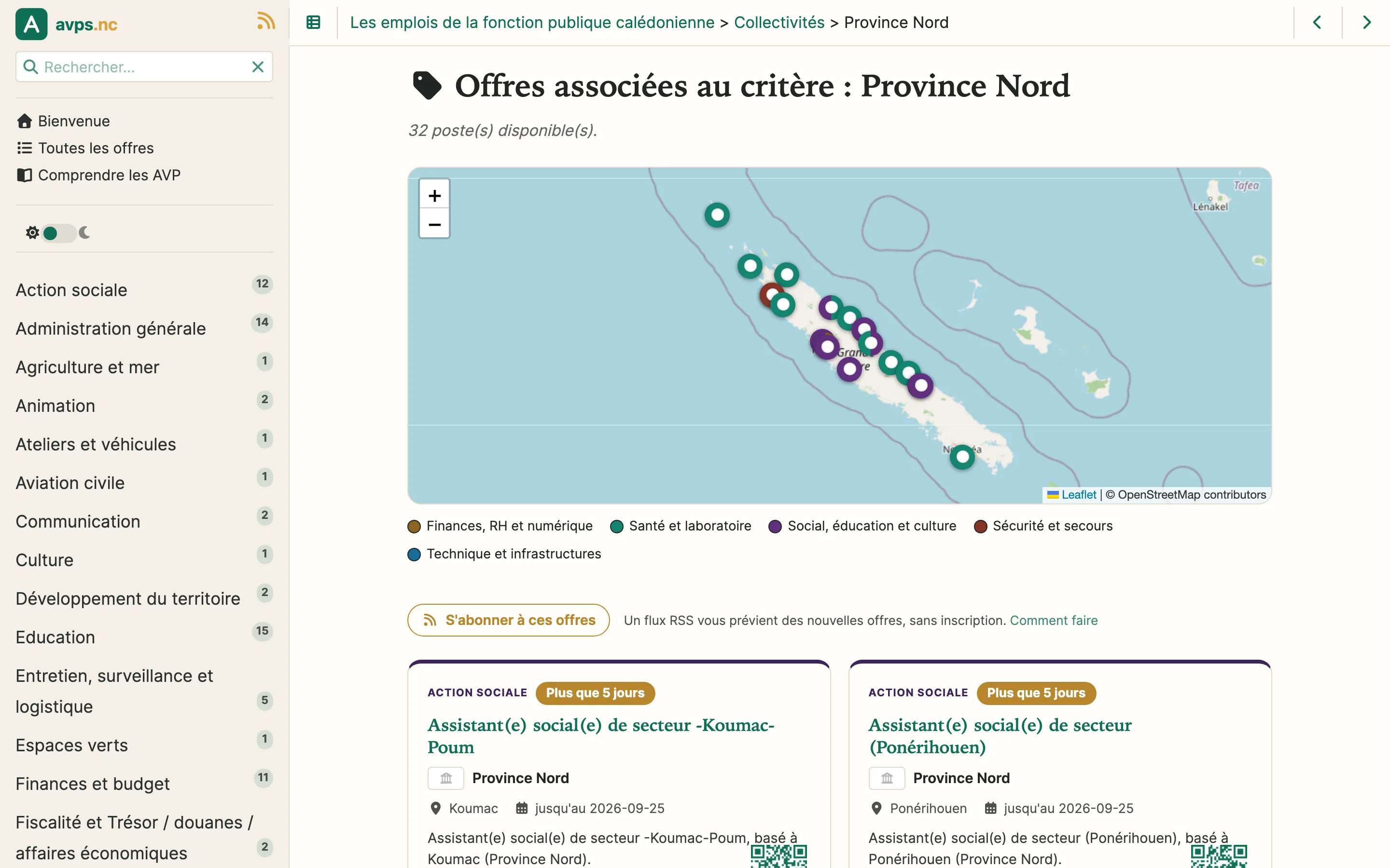 La page de la Province Nord sur avps.nc, avec la liste de ses offres ouvertes et le bouton « S'abonner à ces offres ».
