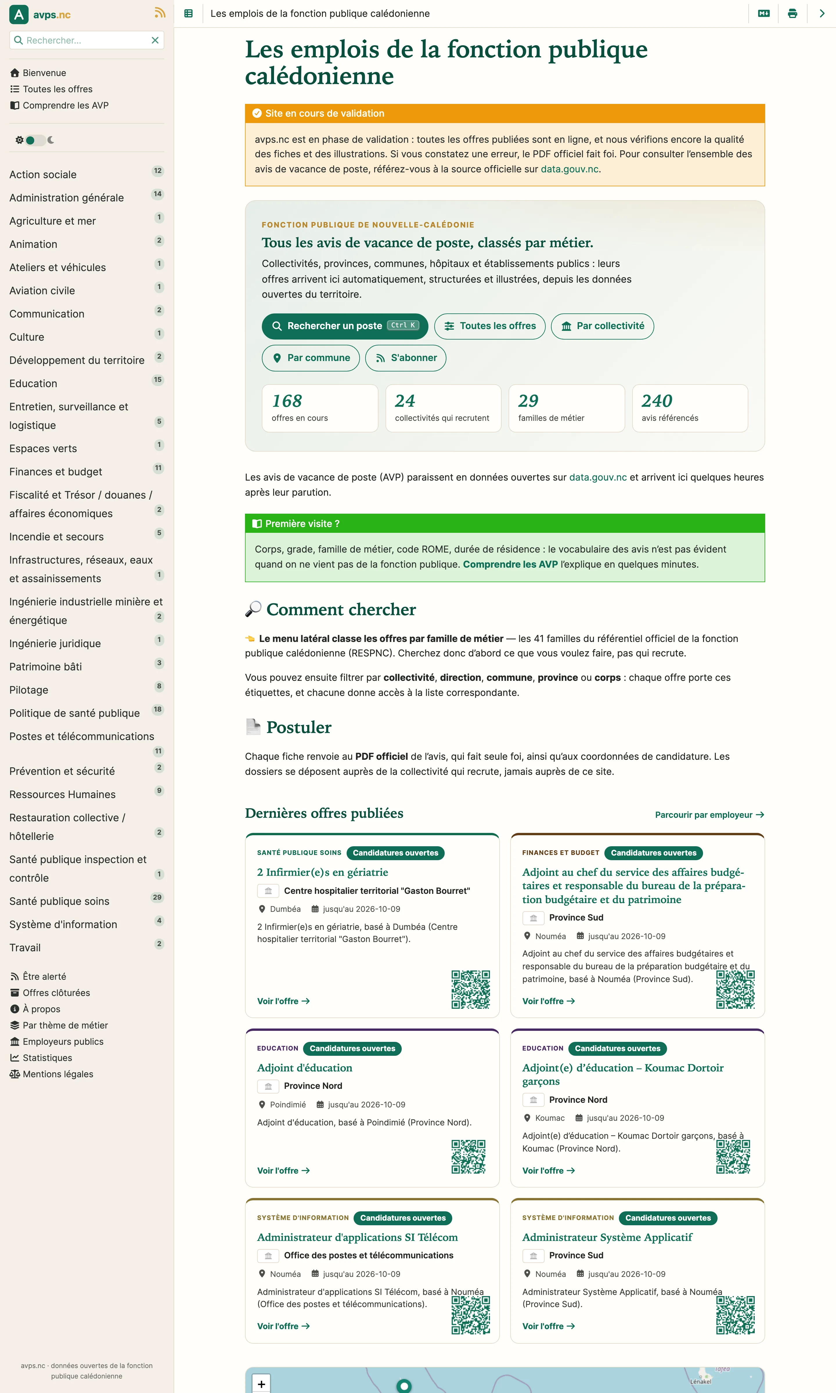 Page d'accueil d'avps.nc : à gauche, le menu des familles de métiers avec le nombre de postes ouverts pour chacune ; au centre, la présentation du site et les boutons de recherche.