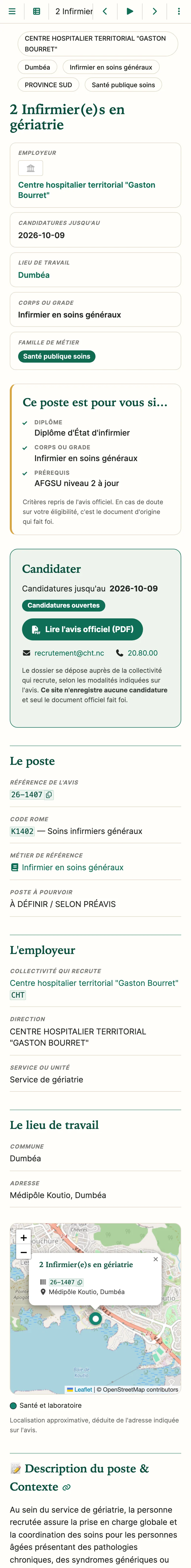 Une fiche d'offre d'avps.nc sur téléphone : l'employeur, la date limite de candidature, le lieu de travail, le corps ou grade, puis les critères « ce poste est pour vous si ».