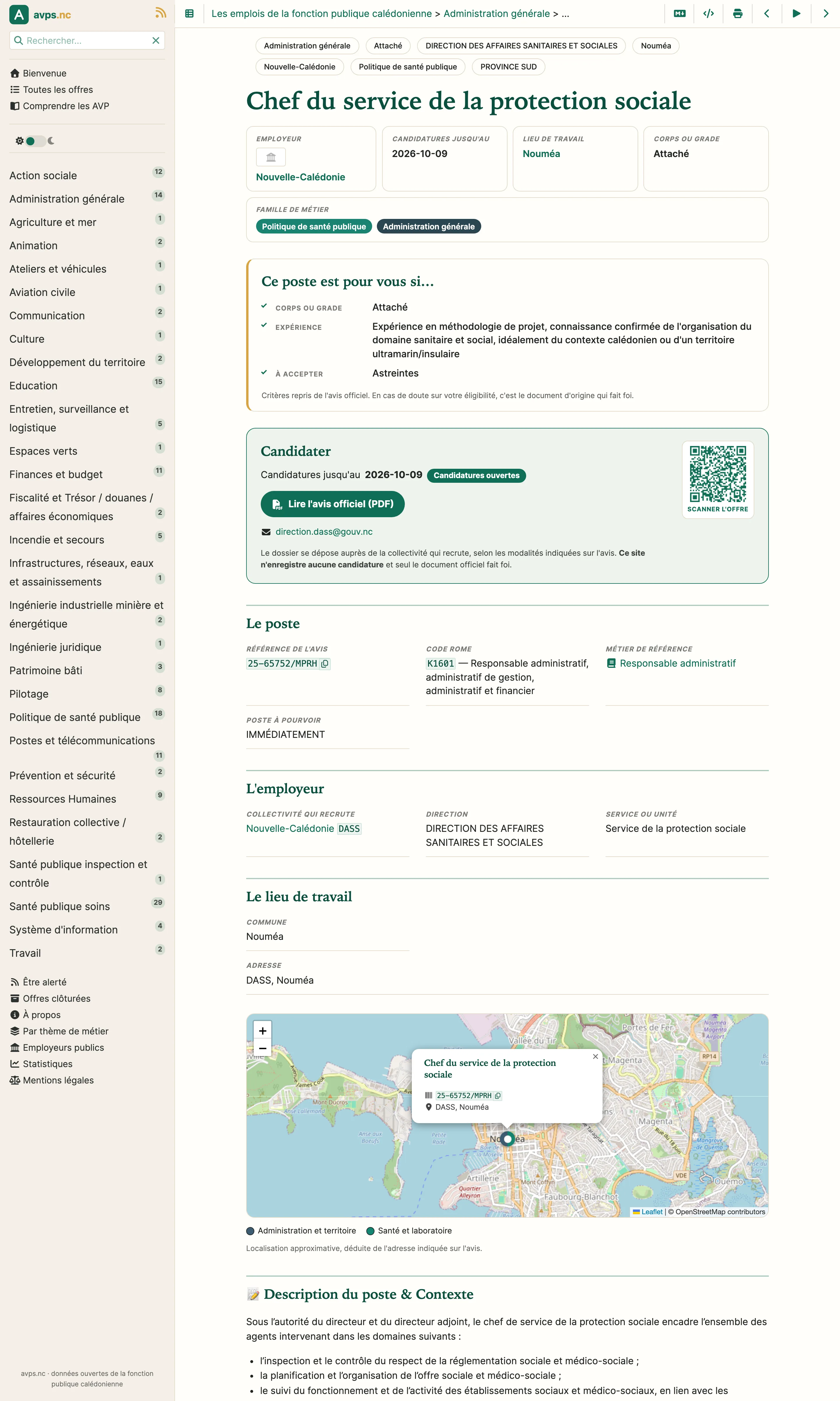 Une fiche d'offre complète sur avps.nc : intitulé précis, présentation de la direction, missions détaillées, profil attendu, lieu de travail et coordonnées du contact.