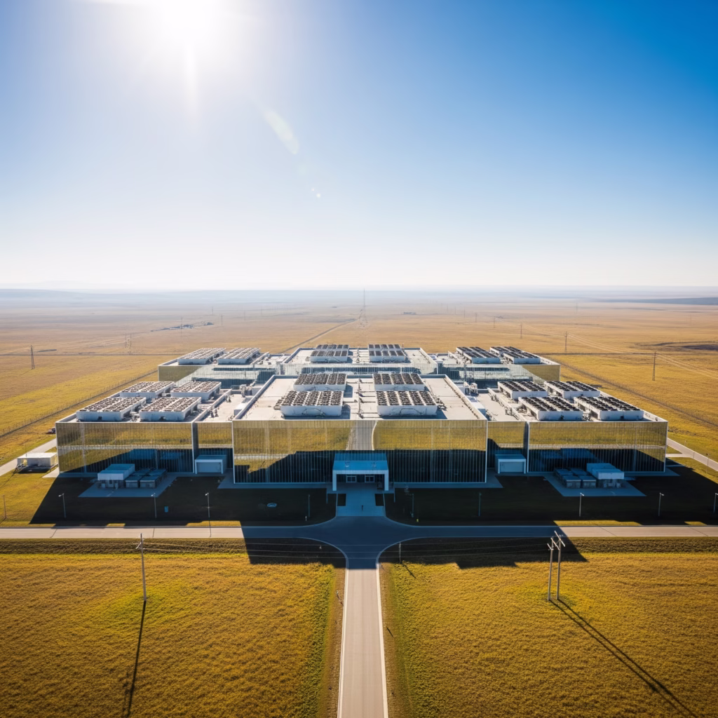 un datacenter dans une plaine , journée ensoleillée, style photorealiste