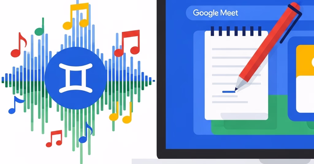 Illustration de la génération de musique Lyria et de la prise de notes automatique Google Meet.