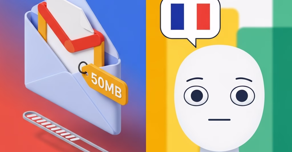 Illustration des nouveautés : Gmail 50 Mo et avatars Google Vids en français