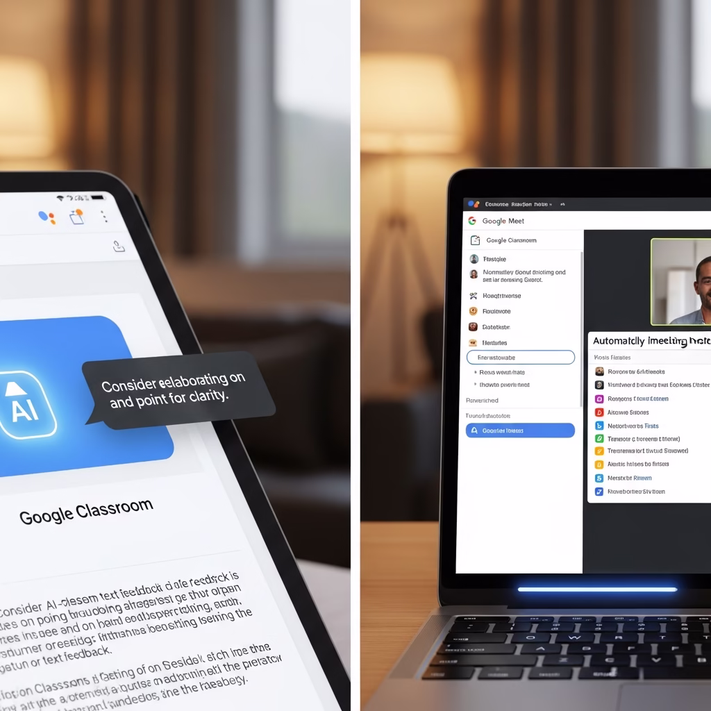 Interface Google Classroom avec suggestions IA et Google Meet prenant des notes automatiquement