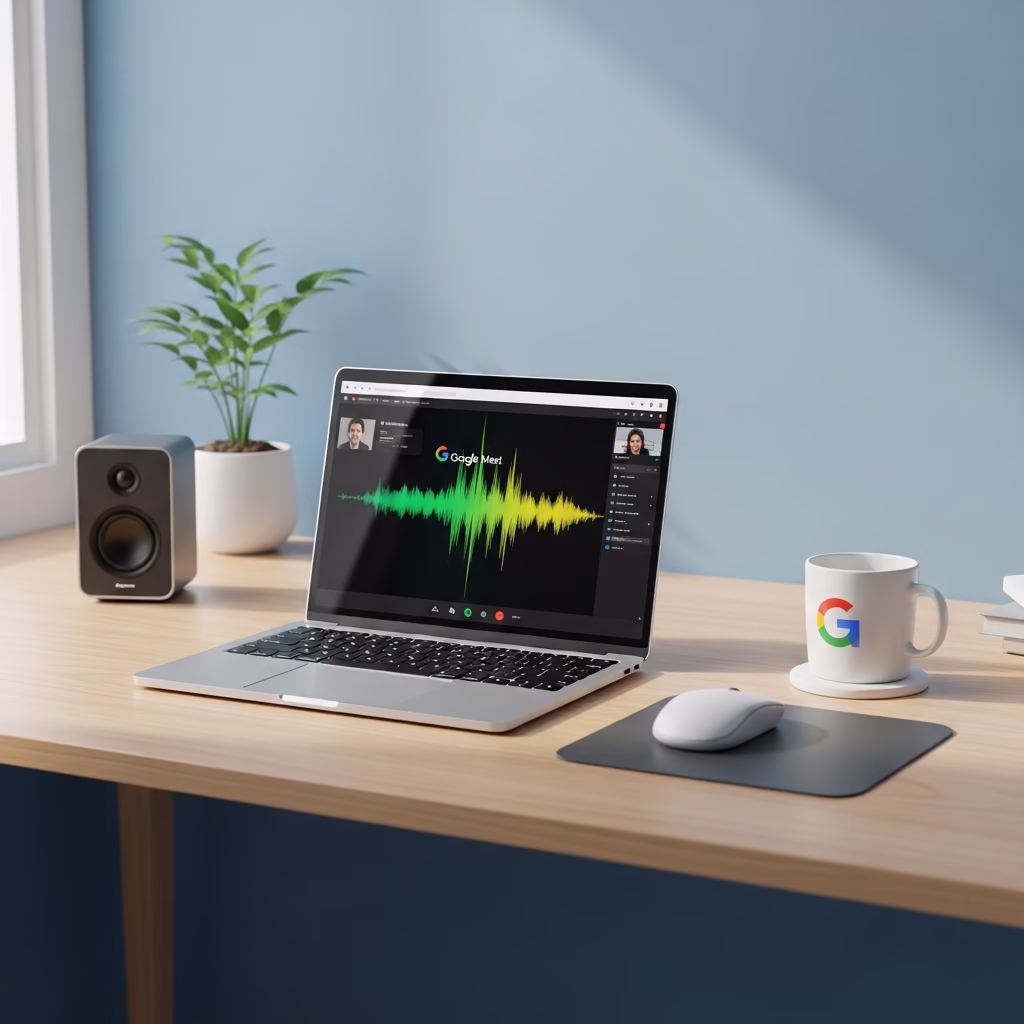 Ordinateur affichant une visioconférence Google Meet et une onde sonore musicale