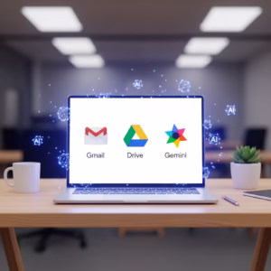 Illustration des nouvelles fonctionnalités de Google Workspace incluant Gmail et Google Drive.