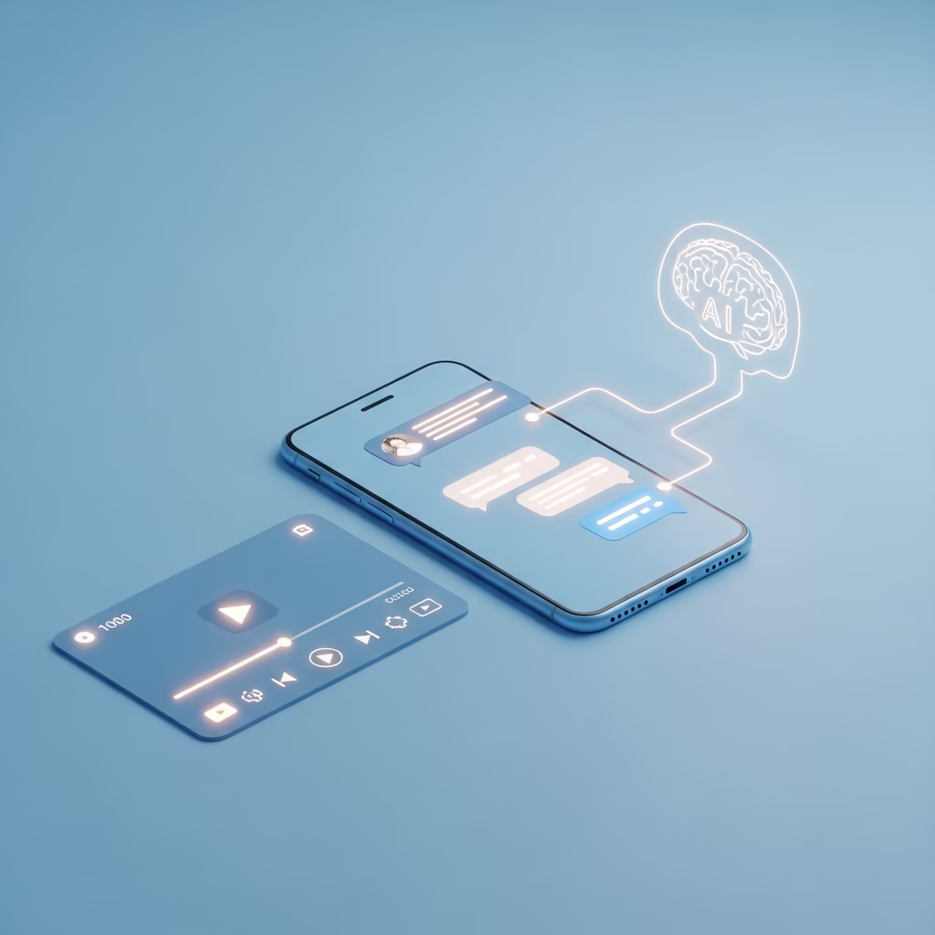 Illustration de l'intelligence artificielle analysant des messages de chat et un lecteur vidéo.