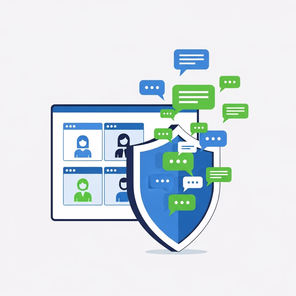 Illustration d'un bouclier protégeant des bulles de chat d'une visioconférence sécurisée.