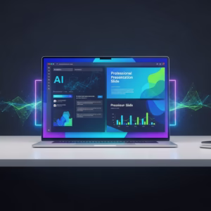 Un ordinateur générant automatiquement une présentation grâce à l'IA de Google Workspace.