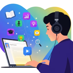 Étudiant utilisant l'IA NotebookLM sur son ordinateur pour réviser dans Google Classroom.