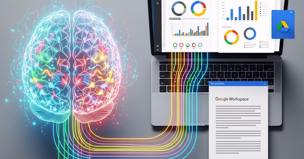 Illustration d'une intelligence artificielle connectée aux outils Google Workspace.