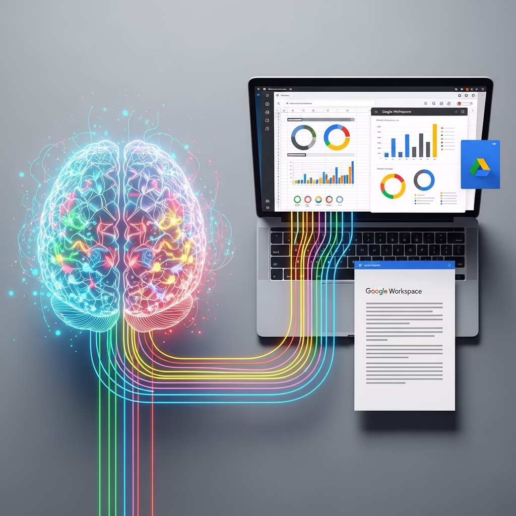 Illustration d'une intelligence artificielle connectée aux outils Google Workspace.