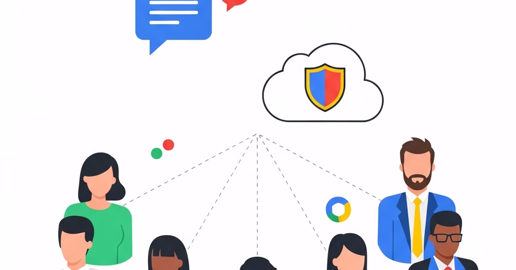Illustration de comptes invités Google Chat et de la sécurité Google Drive