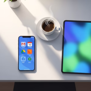 Smartphone affichant les applications Google Workspace sur un bureau