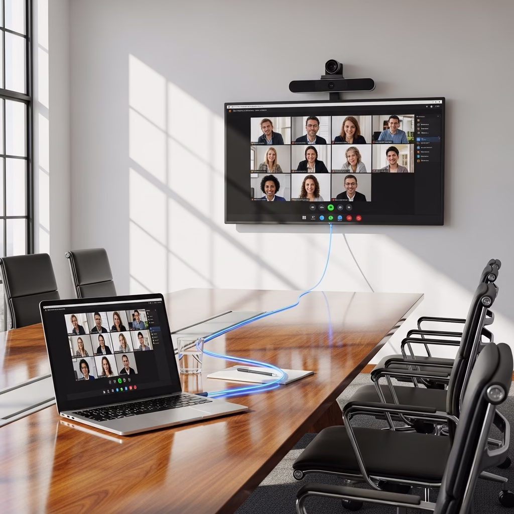 Un ordinateur portable connecté par câble USB-C à un écran de visioconférence en salle de réunion.